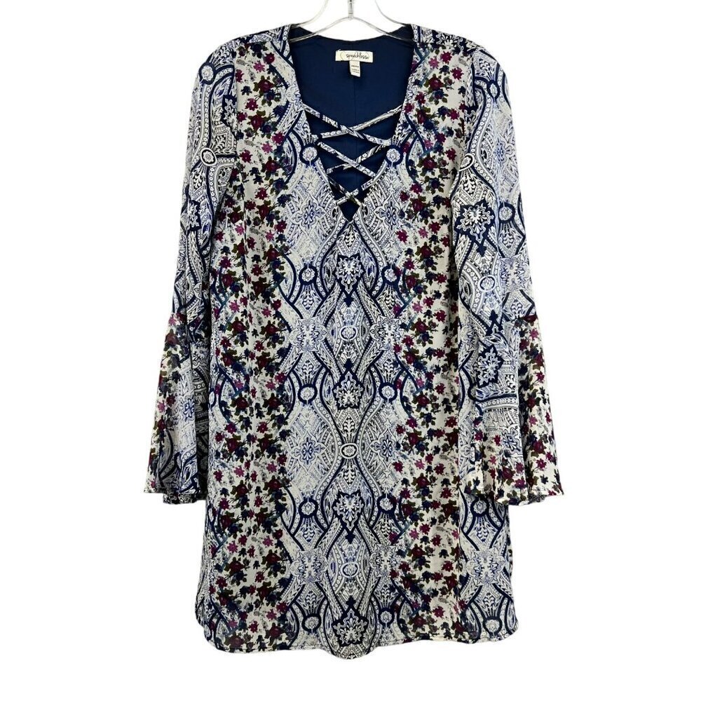 Speechless V-Neck Long Bell Sleeve Mixed Print Shift Dress Above Knee M